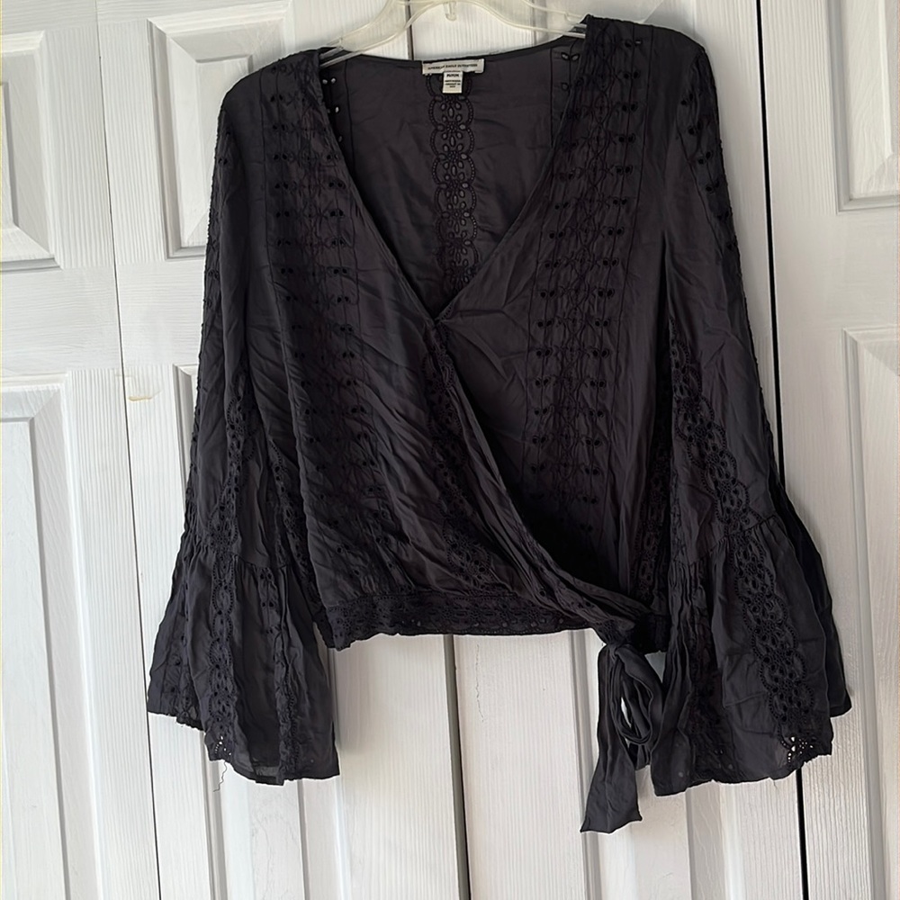 Gray Eyelet Bell Sleeve Blouse